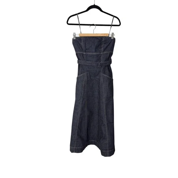 Self-Portrait Indigo Denim Bandeau Midi Dress Belted Dark Wash US 4 - Picture 3 of 11